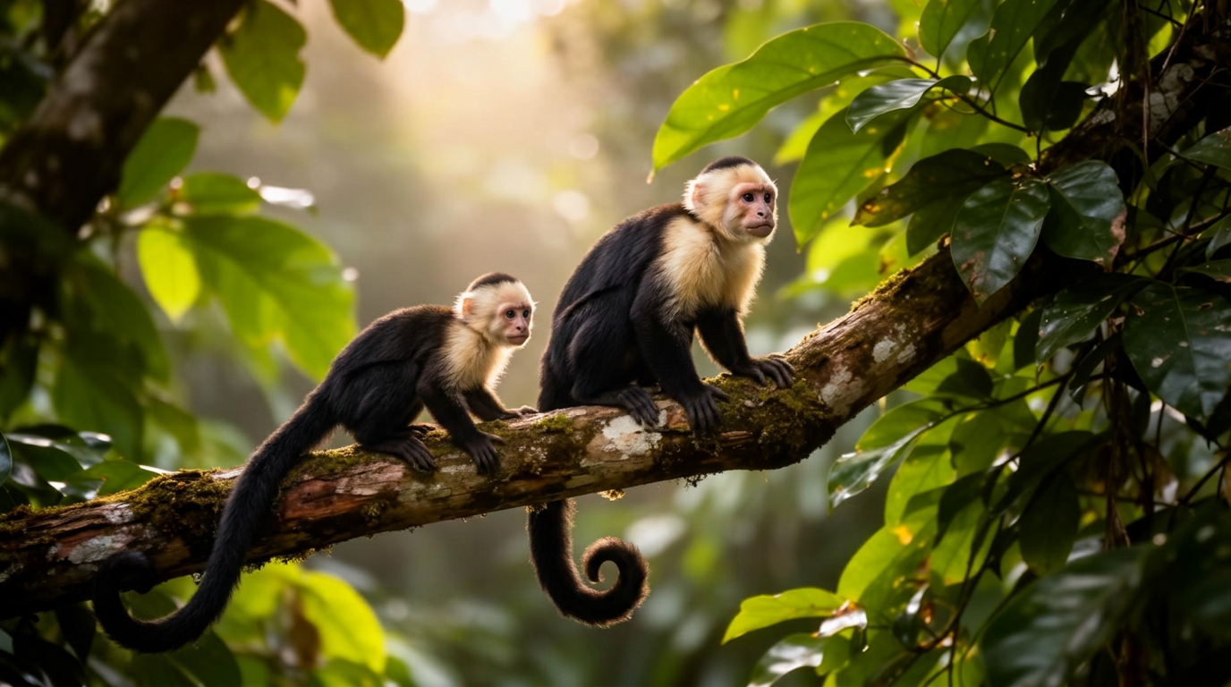 White-faced capuchins at sunrise.